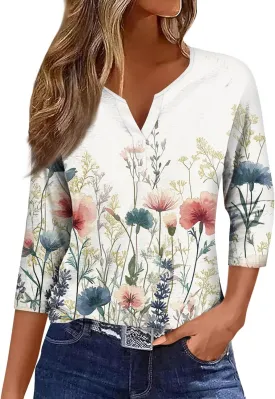 Summer Tops for Women 2025 Dressy Casual Boho 3/4 Sleeve Tunics Loose Fit T Shirts Trendy V Neck Button Down Blouses