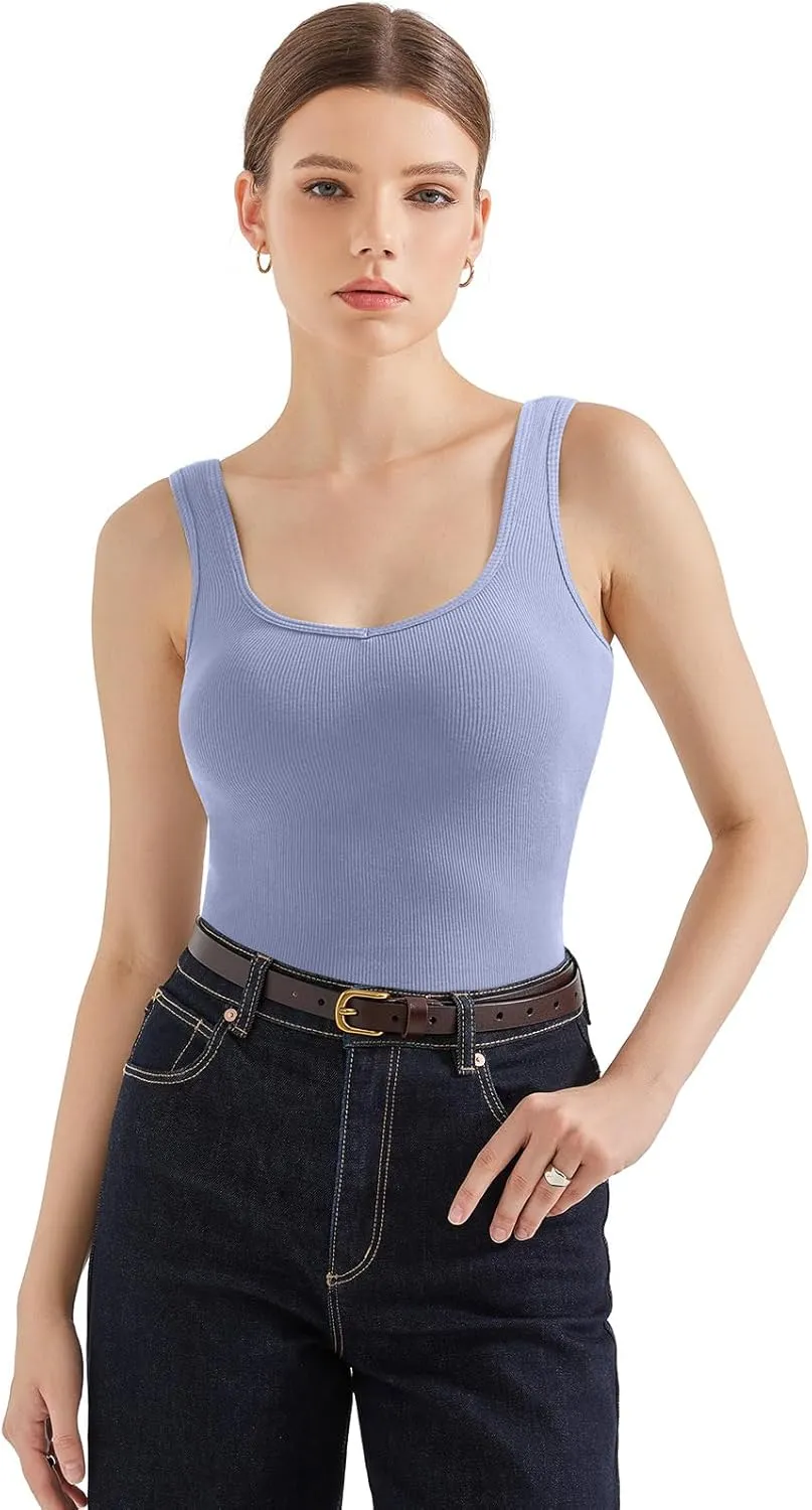 SUUKSESS Women Cotton Ribbed Built in Bra Tank Tops Summer Casual Basic Top