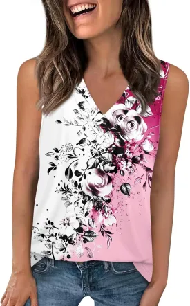 Tank Tops for Women V Neck Printed Tank Tops Flowy Sleeveless Going Out Basic Tee Loose Fit Vacation T Shirts