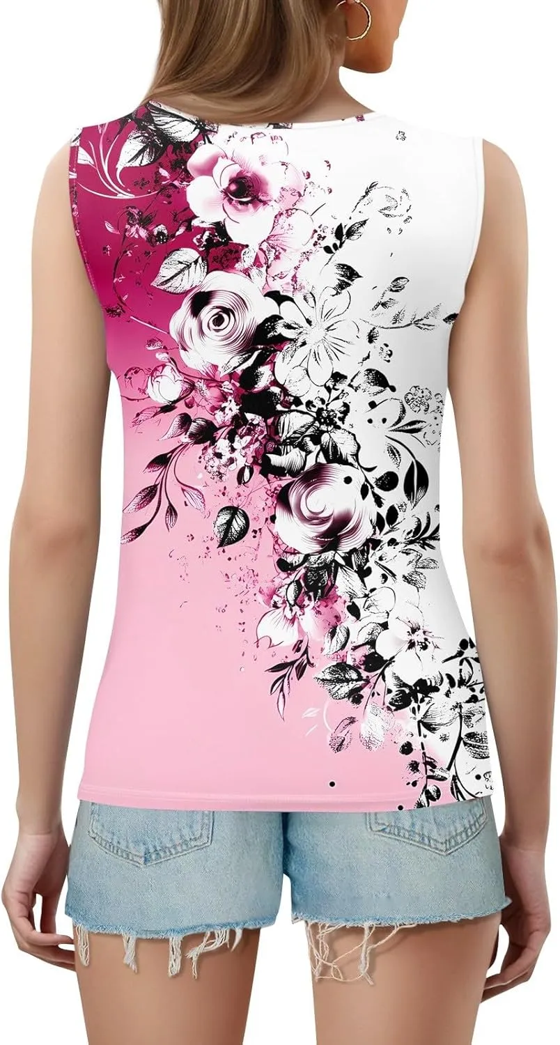 Tank Tops for Women V Neck Printed Tank Tops Flowy Sleeveless Going Out Basic Tee Loose Fit Vacation T Shirts