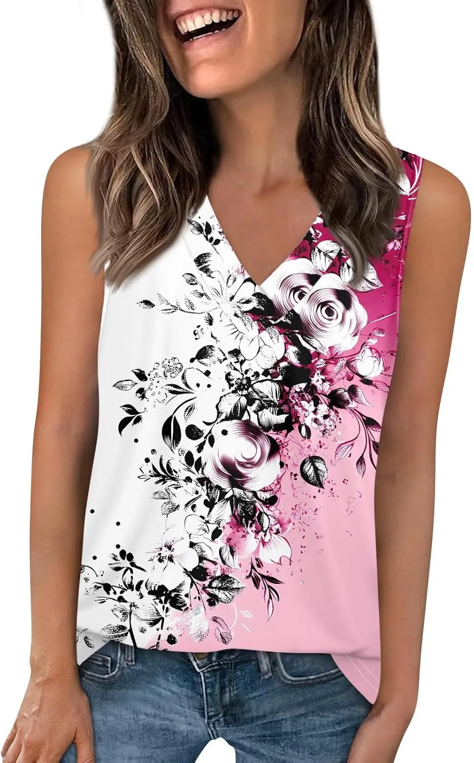 Tank Tops for Women V Neck Printed Tank Tops Flowy Sleeveless Going Out Basic Tee Loose Fit Vacation T Shirts