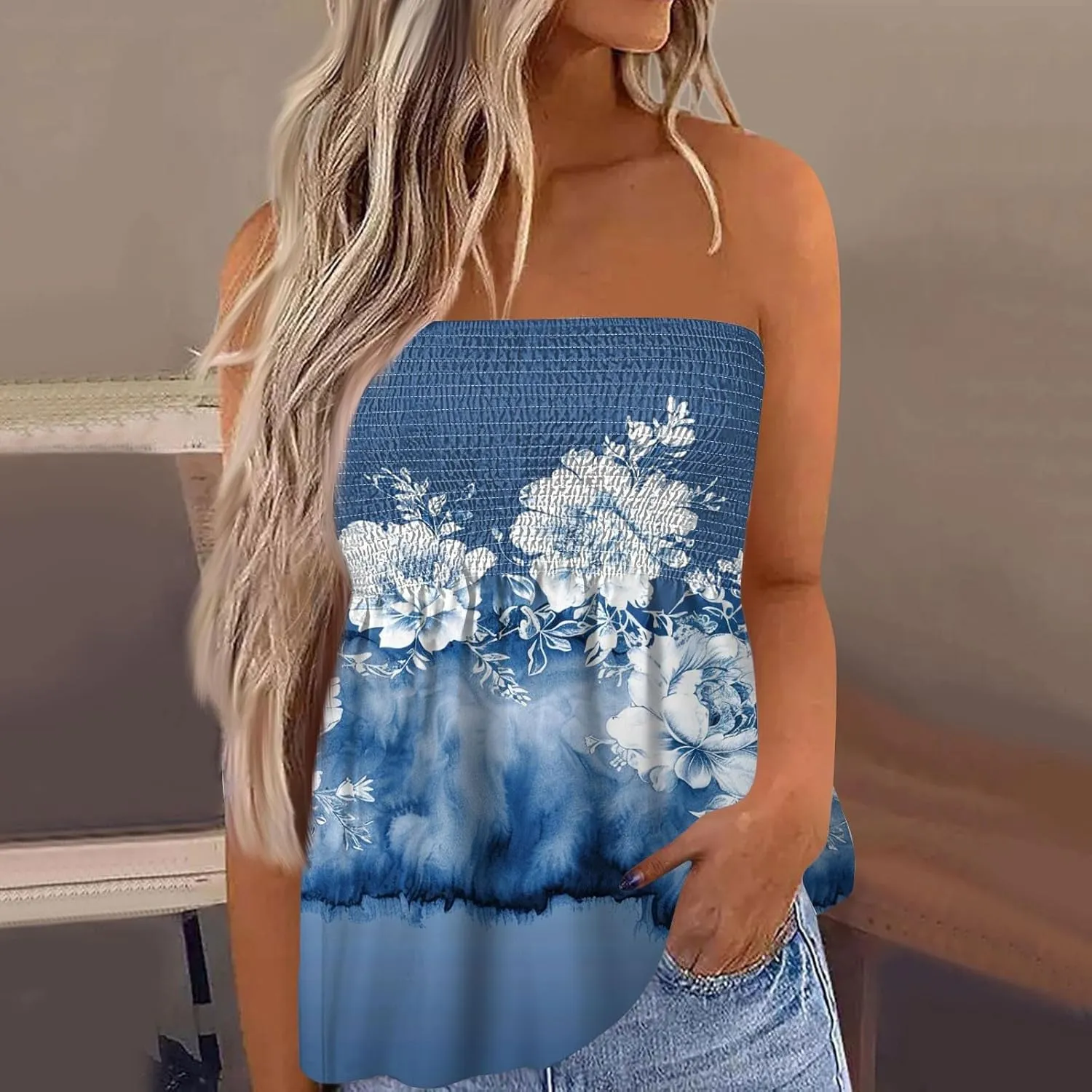 Tube Tops for Women Floral Print Strapless Tube Tops Smocked Ruffled Sleeveless Bandeau Lightweight Cute Tanks