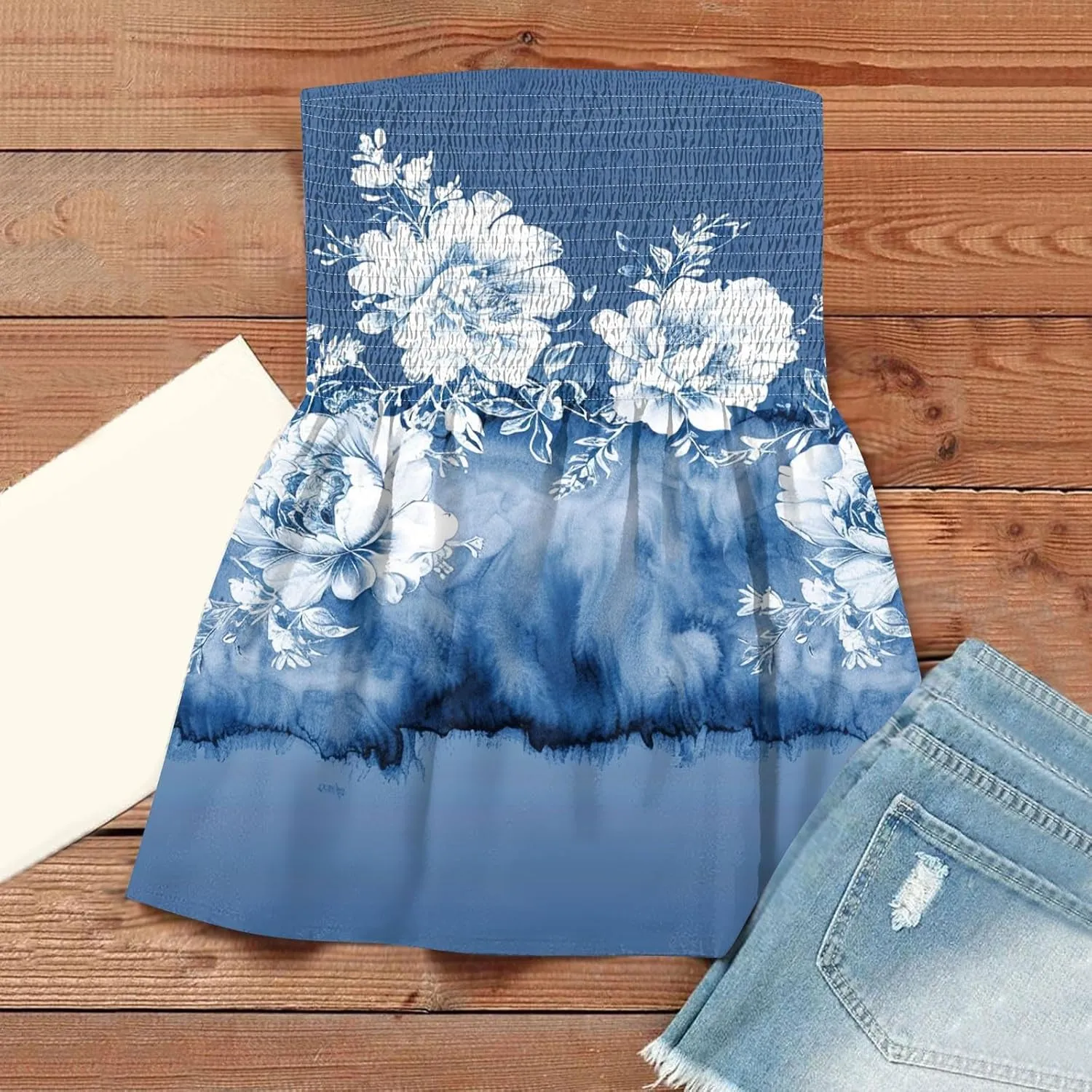 Tube Tops for Women Floral Print Strapless Tube Tops Smocked Ruffled Sleeveless Bandeau Lightweight Cute Tanks