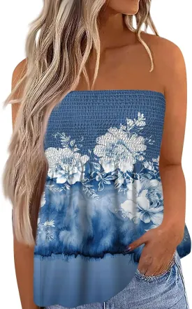 Tube Tops for Women Floral Print Strapless Tube Tops Smocked Ruffled Sleeveless Bandeau Lightweight Cute Tanks