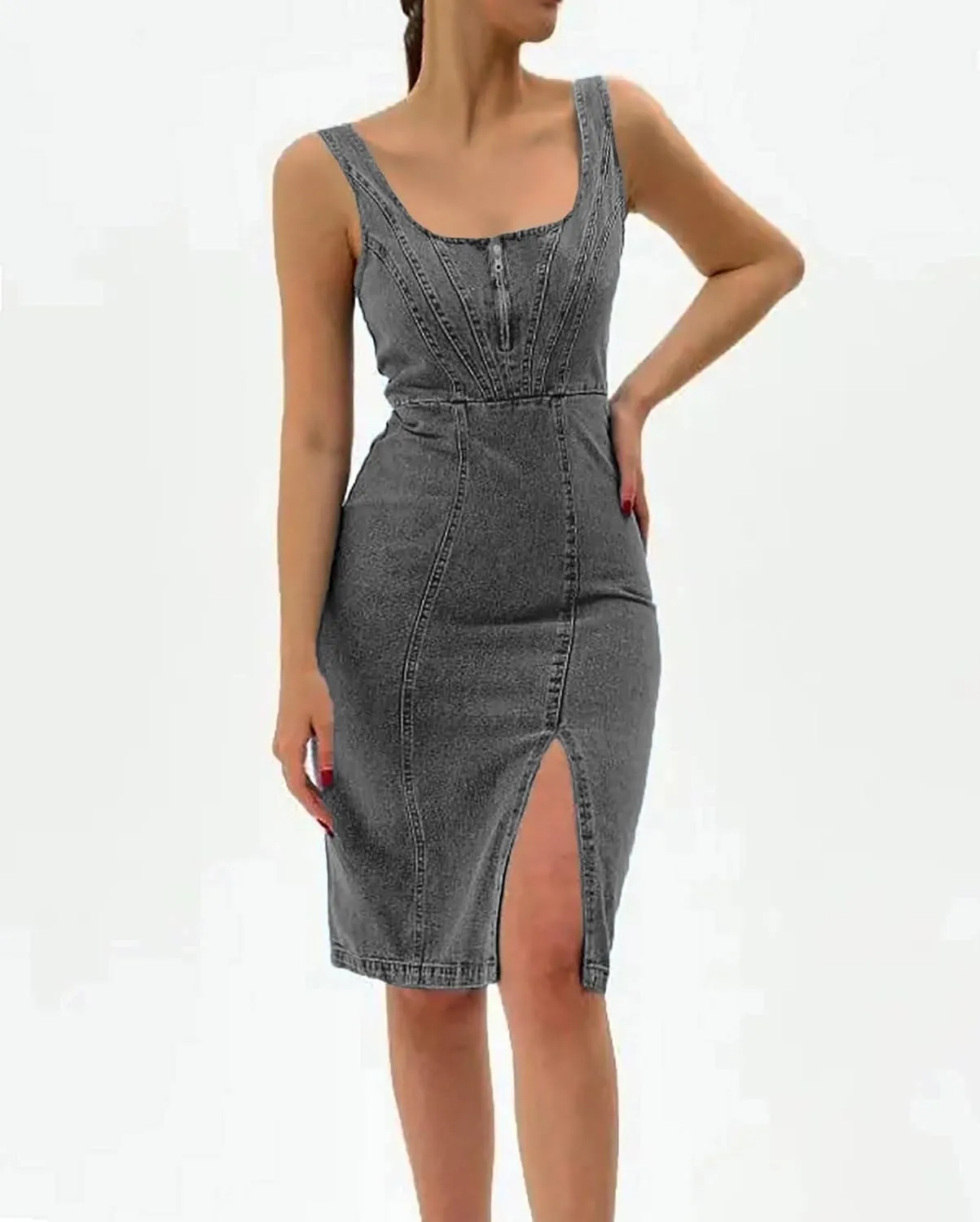 utcoco Denim Dress for Women Sleeveless Side Slit Bodycon Midi Jean Dresses for Women 2025