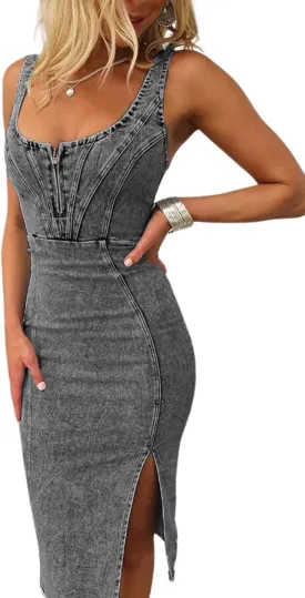 utcoco Denim Dress for Women Sleeveless Side Slit Bodycon Midi Jean Dresses for Women 2025