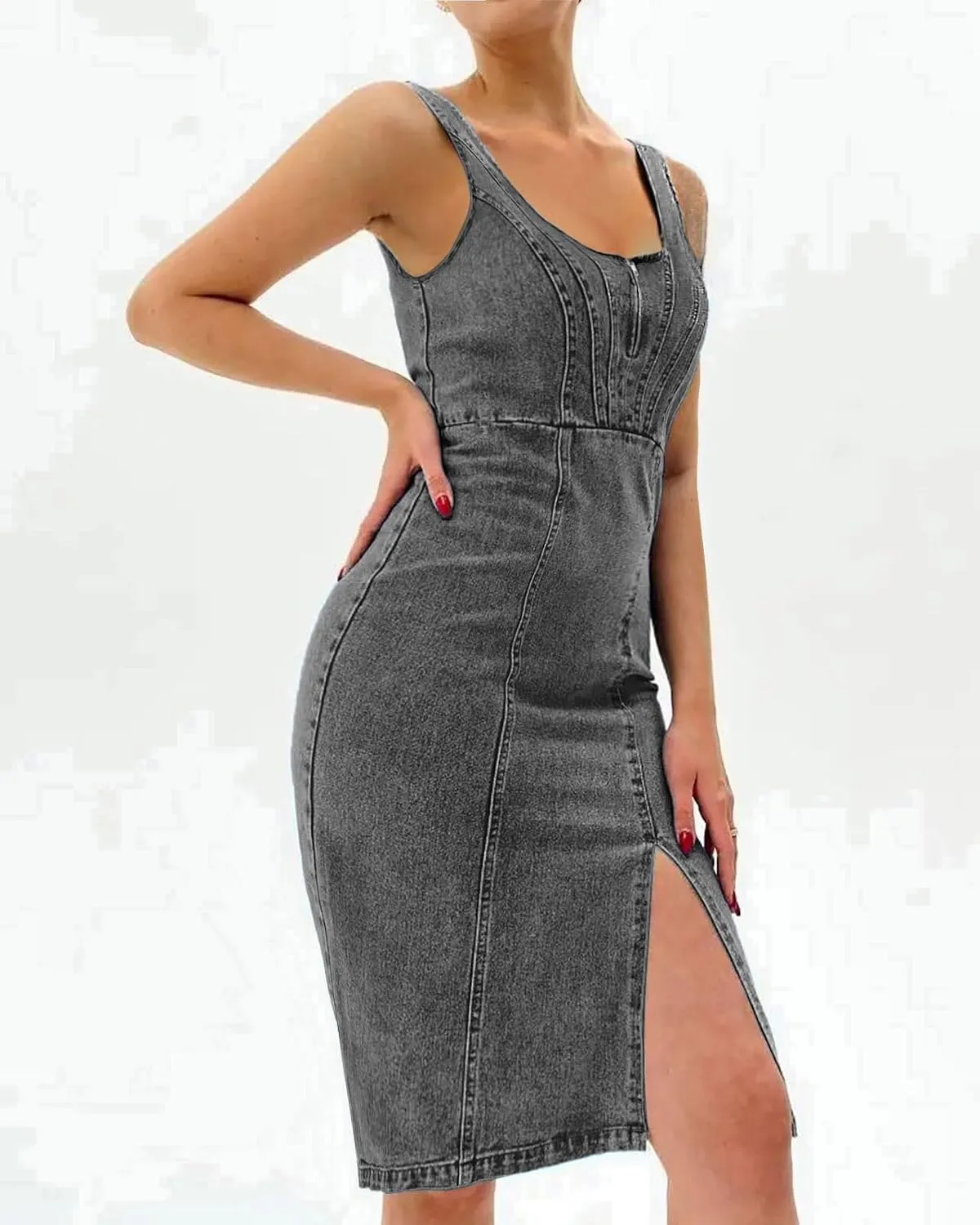 utcoco Denim Dress for Women Sleeveless Side Slit Bodycon Midi Jean Dresses for Women 2025