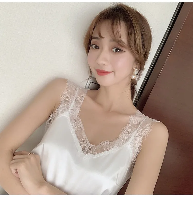 Wjczt Women&#39;s Satin Summer Tops For Women 2022 V Neck Basic Sleeveless Lace Tank Tops Women Summer Female Silk Top Plus Size White