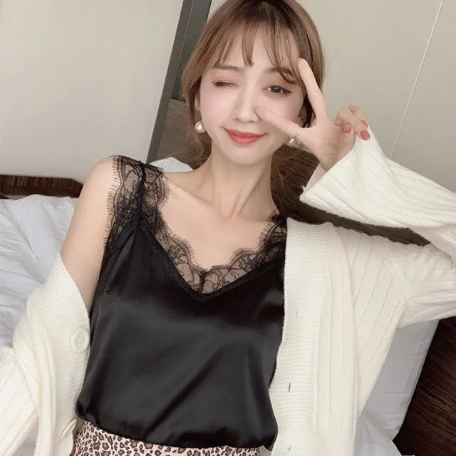 Wjczt Women&#39;s Satin Summer Tops For Women 2022 V Neck Basic Sleeveless Lace Tank Tops Women Summer Female Silk Top Plus Size White