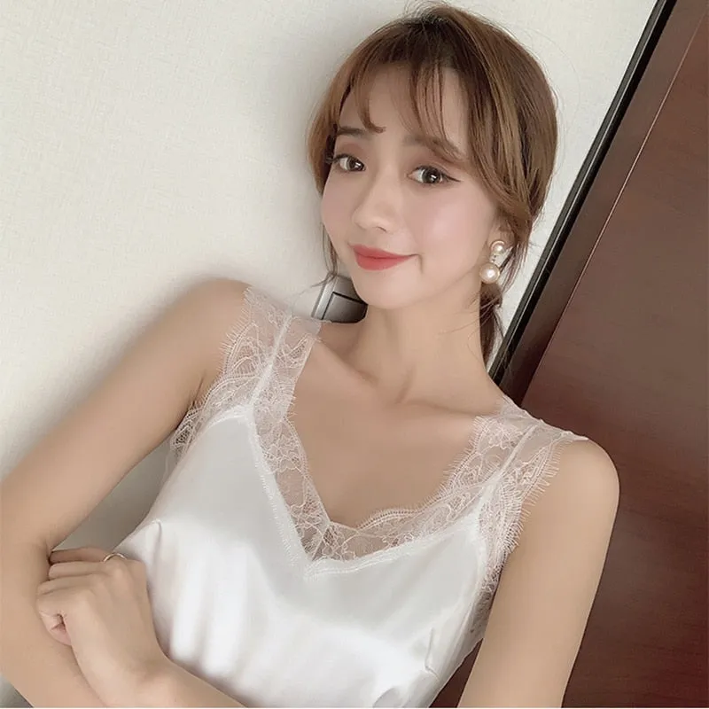 Wjczt Women&#39;s Satin Summer Tops For Women 2022 V Neck Basic Sleeveless Lace Tank Tops Women Summer Female Silk Top Plus Size White