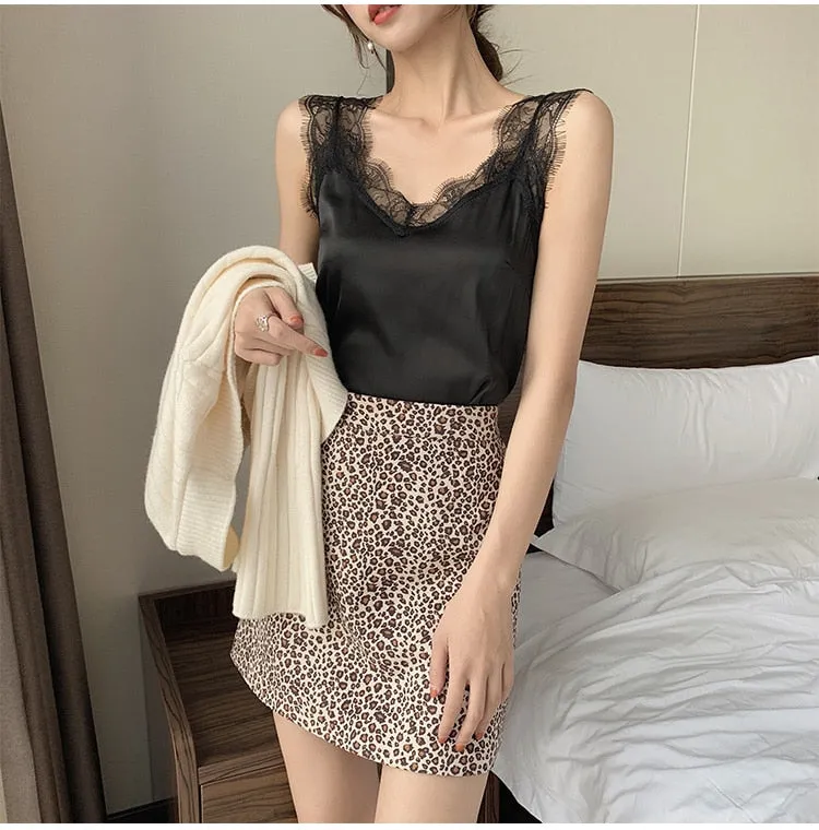 Wjczt Women&#39;s Satin Summer Tops For Women 2022 V Neck Basic Sleeveless Lace Tank Tops Women Summer Female Silk Top Plus Size White