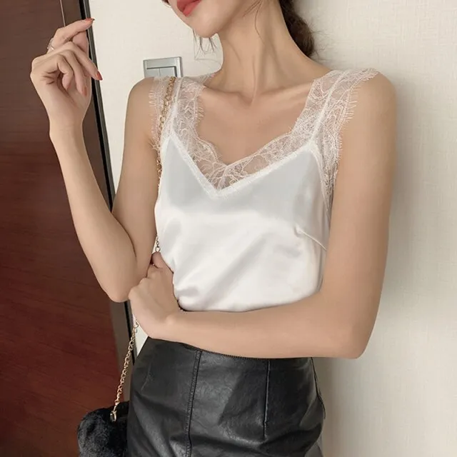 Wjczt Women&#39;s Satin Summer Tops For Women 2022 V Neck Basic Sleeveless Lace Tank Tops Women Summer Female Silk Top Plus Size White