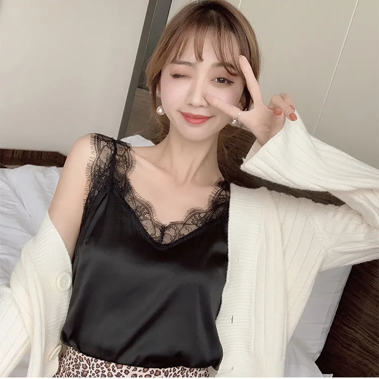 Wjczt Women&#39;s Satin Summer Tops For Women 2022 V Neck Basic Sleeveless Lace Tank Tops Women Summer Female Silk Top Plus Size White