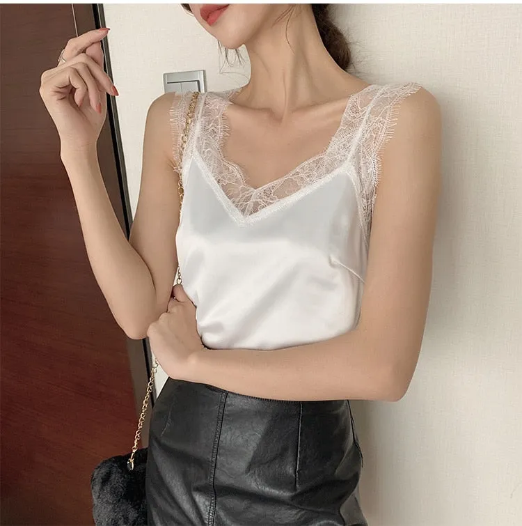 Wjczt Women&#39;s Satin Summer Tops For Women 2022 V Neck Basic Sleeveless Lace Tank Tops Women Summer Female Silk Top Plus Size White
