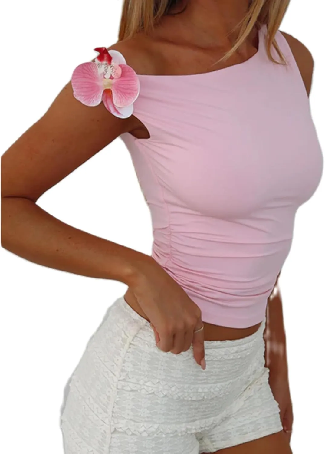 Women 3D Floral Crop Top Casual Solid Color Ruched Front Babytee Summer Off Shoulder Slim Fit Streetwear Shirt