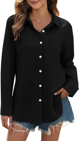 Women Oversized Button Down Shirts Women's Floral Butterfly Print Natural Autumn Linen Work Blouse Tops with Pocket