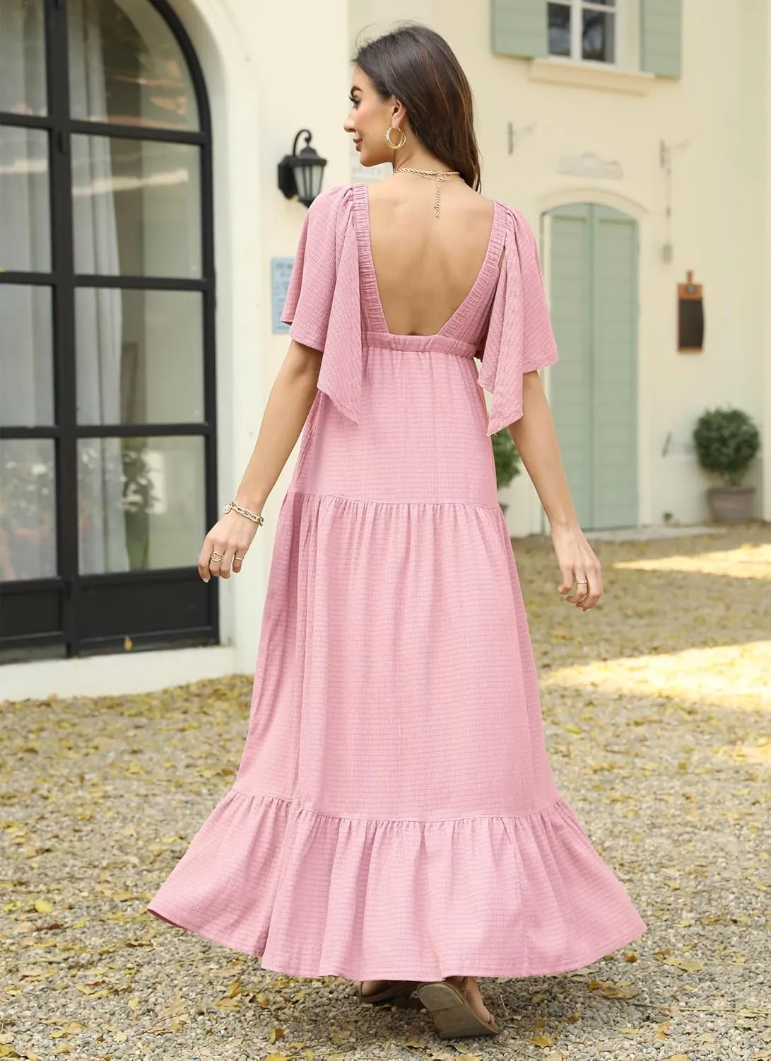 Women Summer Dresses Sexy V-Neck Maxi Dress Tiered Silhouette with Flutter Sleeve Backless Elastic Waist Flowy Dress
