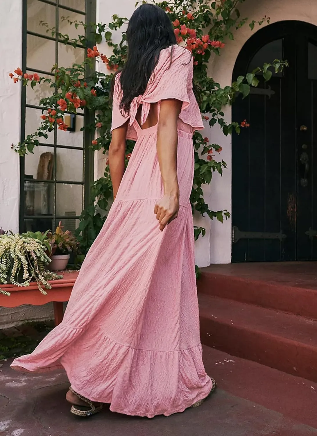 Women Summer Dresses Sexy V-Neck Maxi Dress Tiered Silhouette with Flutter Sleeve Backless Elastic Waist Flowy Dress