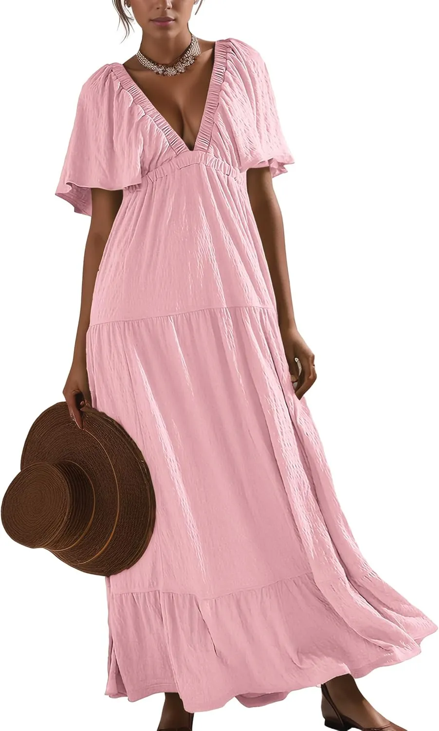 Women Summer Dresses Sexy V-Neck Maxi Dress Tiered Silhouette with Flutter Sleeve Backless Elastic Waist Flowy Dress