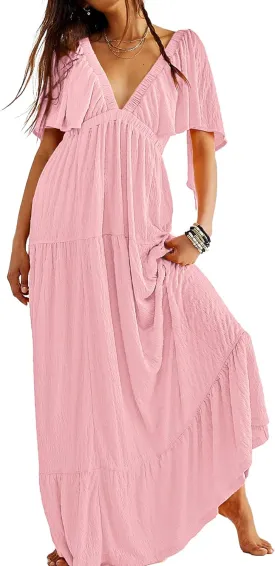 Women Summer Dresses Sexy V-Neck Maxi Dress Tiered Silhouette with Flutter Sleeve Backless Elastic Waist Flowy Dress