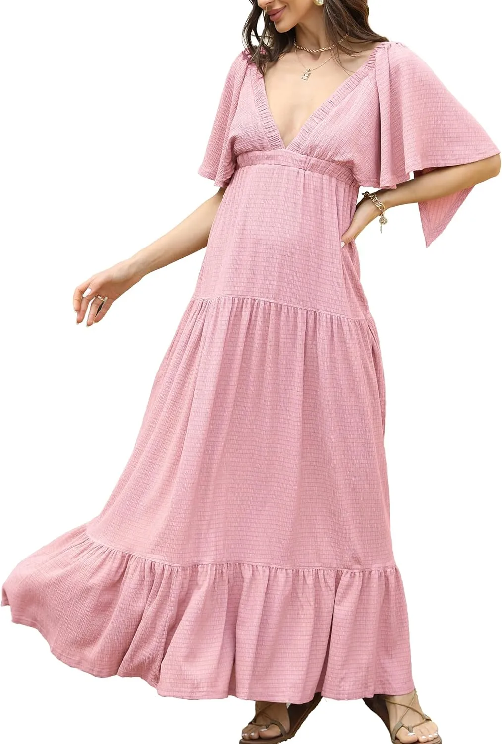 Women Summer Dresses Sexy V-Neck Maxi Dress Tiered Silhouette with Flutter Sleeve Backless Elastic Waist Flowy Dress