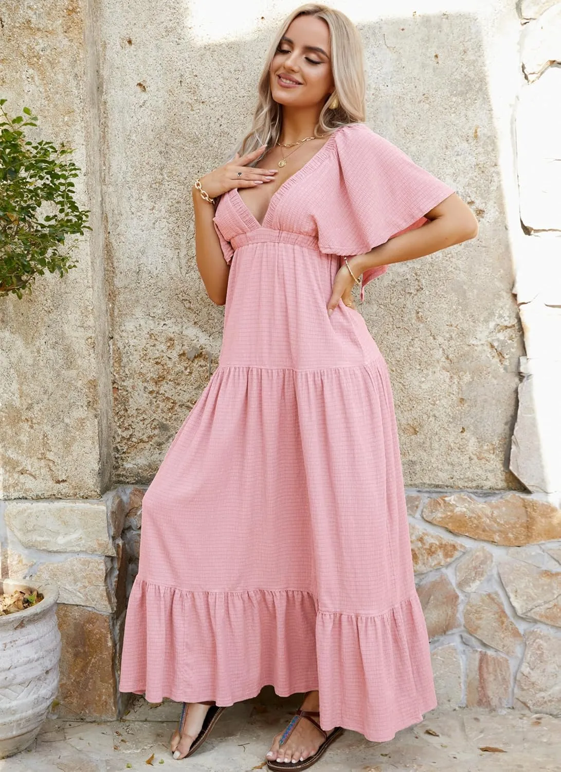 Women Summer Dresses Sexy V-Neck Maxi Dress Tiered Silhouette with Flutter Sleeve Backless Elastic Waist Flowy Dress