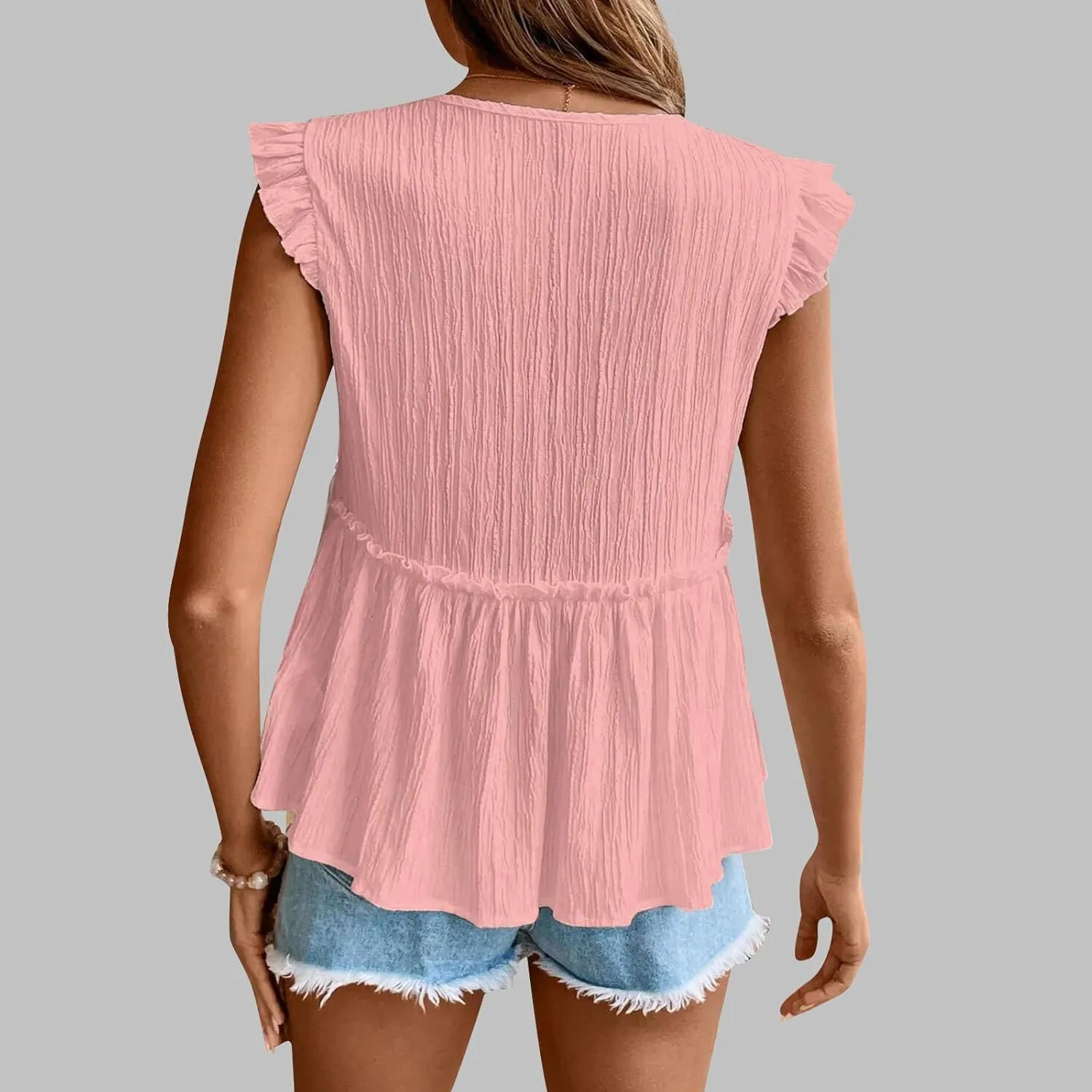 Womens Babydoll Tank Tops V Neck Ruffle Sleeve Pleated Peplum Shirts Summer Casual Boho Flutter Flowy Tank Tops