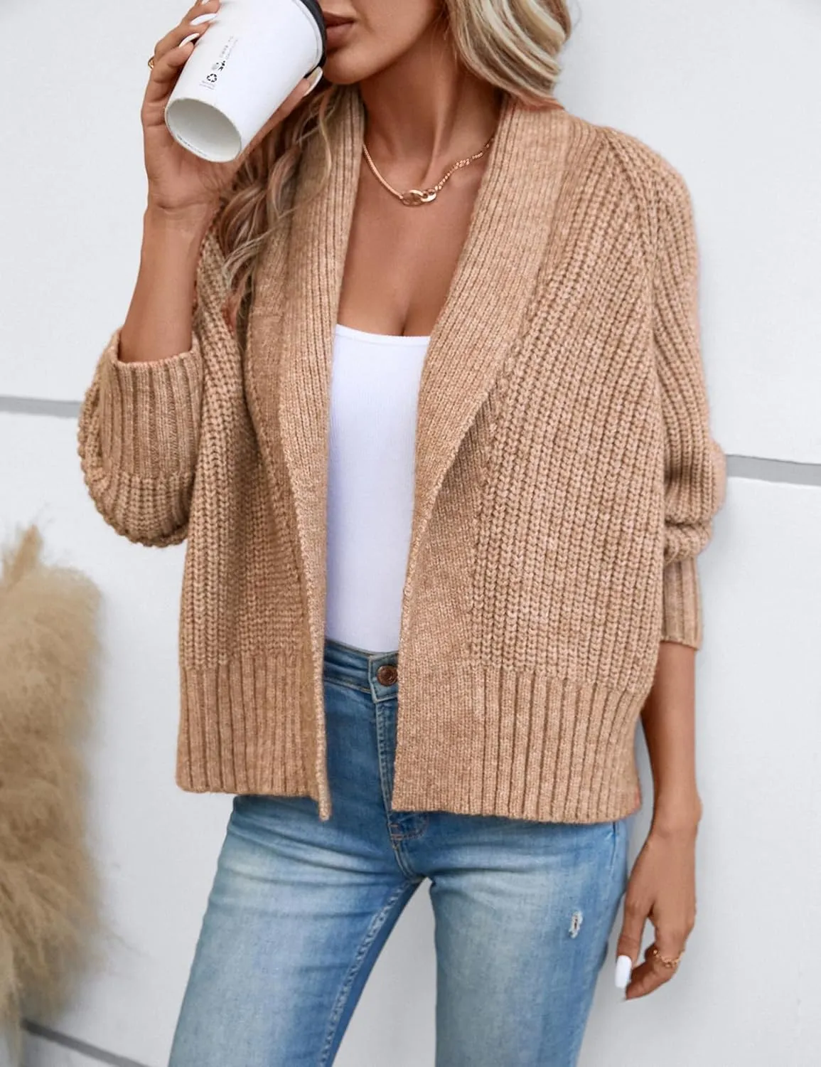 Women's Cardigan Sweaters Fall Winter Open Front Batwing Long Sleeve Shawl Neck Chunky Knit Loose Outwear Coats