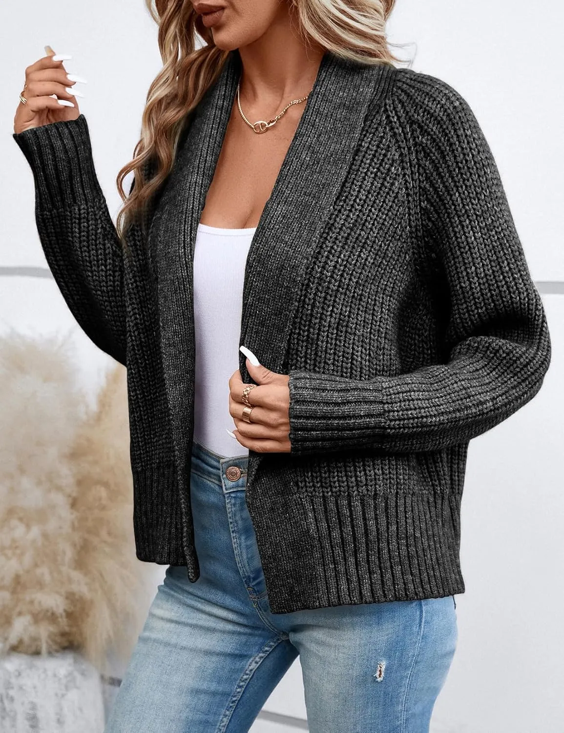 Women's Cardigan Sweaters Fall Winter Open Front Batwing Long Sleeve Shawl Neck Chunky Knit Loose Outwear Coats