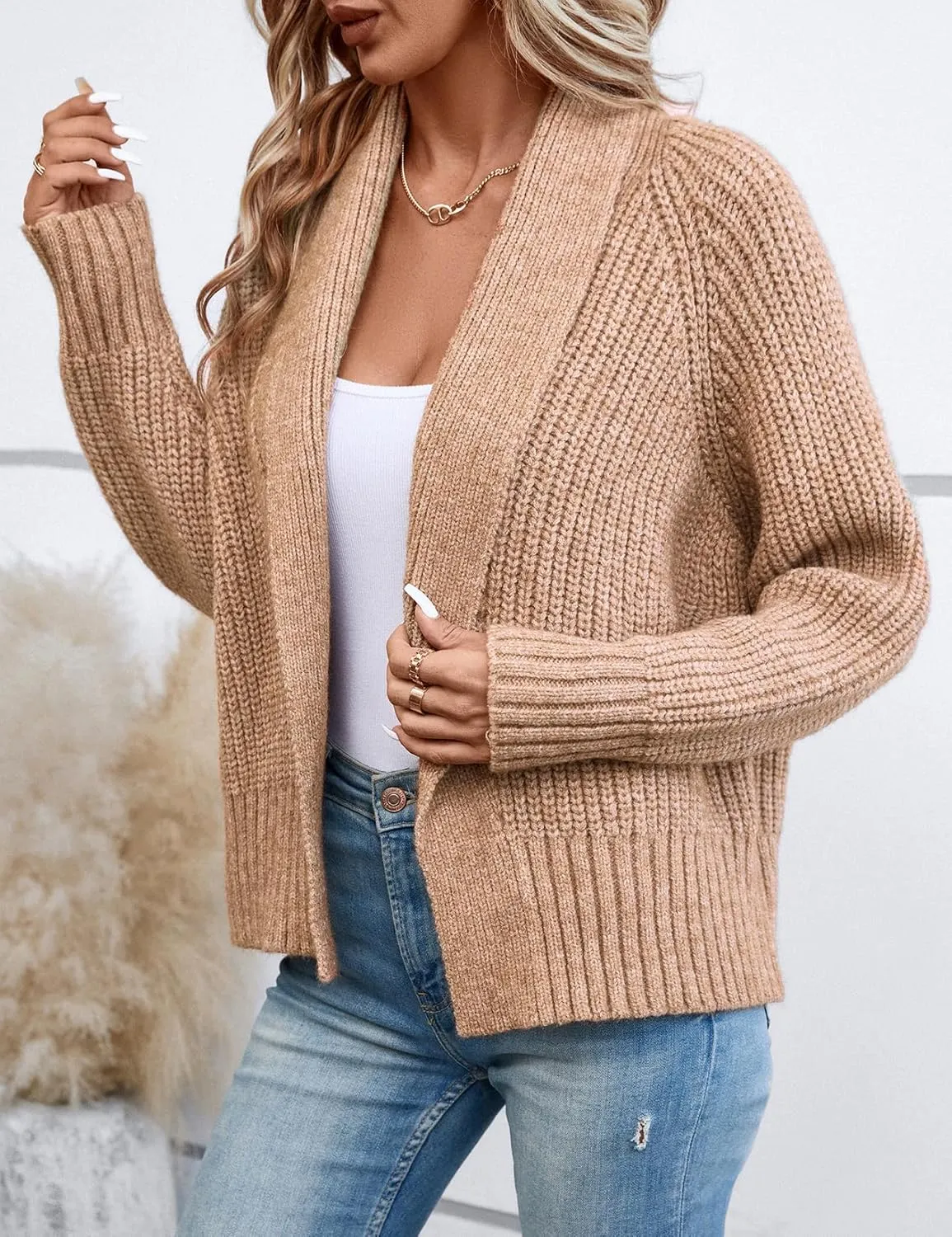Women's Cardigan Sweaters Fall Winter Open Front Batwing Long Sleeve Shawl Neck Chunky Knit Loose Outwear Coats