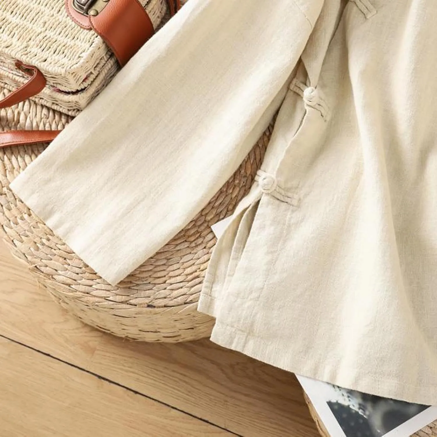 Women's Cotton Linen Tops Retro Chinese Frog Button Traditional Mandarin Collar Shirts Solid Color Long Sleeve Blouse
