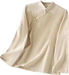 Women's Cotton Linen Tops Retro Chinese Frog Button Traditional Mandarin Collar Shirts Solid Color Long Sleeve Blouse