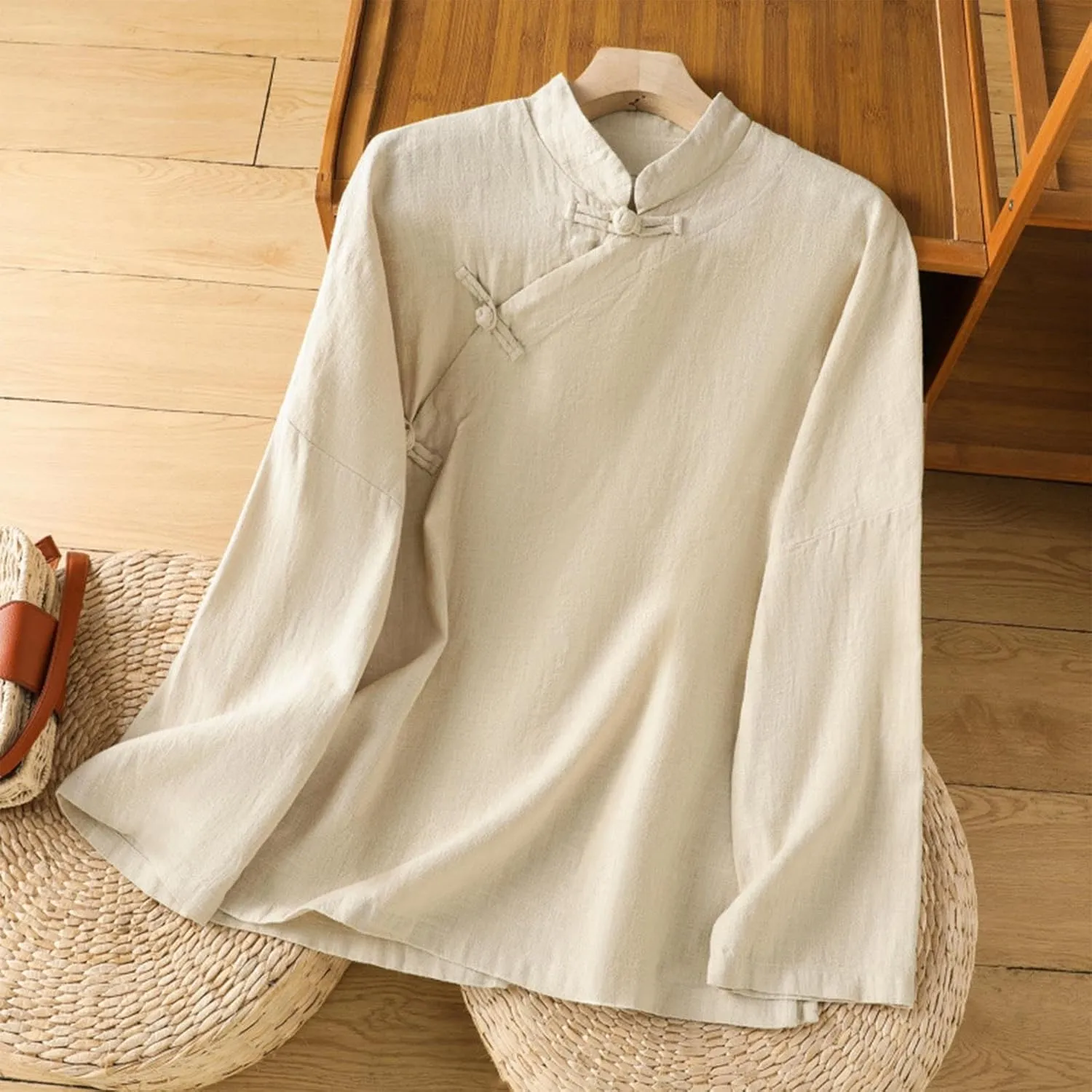 Women's Cotton Linen Tops Retro Chinese Frog Button Traditional Mandarin Collar Shirts Solid Color Long Sleeve Blouse