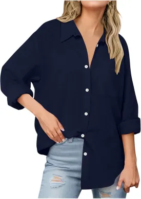 Womens Oversized Button Down Shirts Long Sleeve Cotton Linen Shirts Casual V Neck Collared Blouses Tops with Pockets