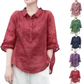 Womens Plus Size Tops Turndown Collar Button Up Half Sleeves Vintage T-Shirts Solid Color Lightweight Outdoor Tees