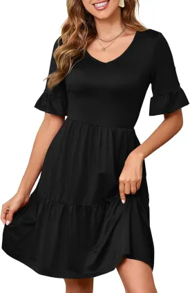 Womens Summer Casual Short Sleeve Mini Dress V Neck Swing Flowy Beach Vacation Midi Dresses with Pockets