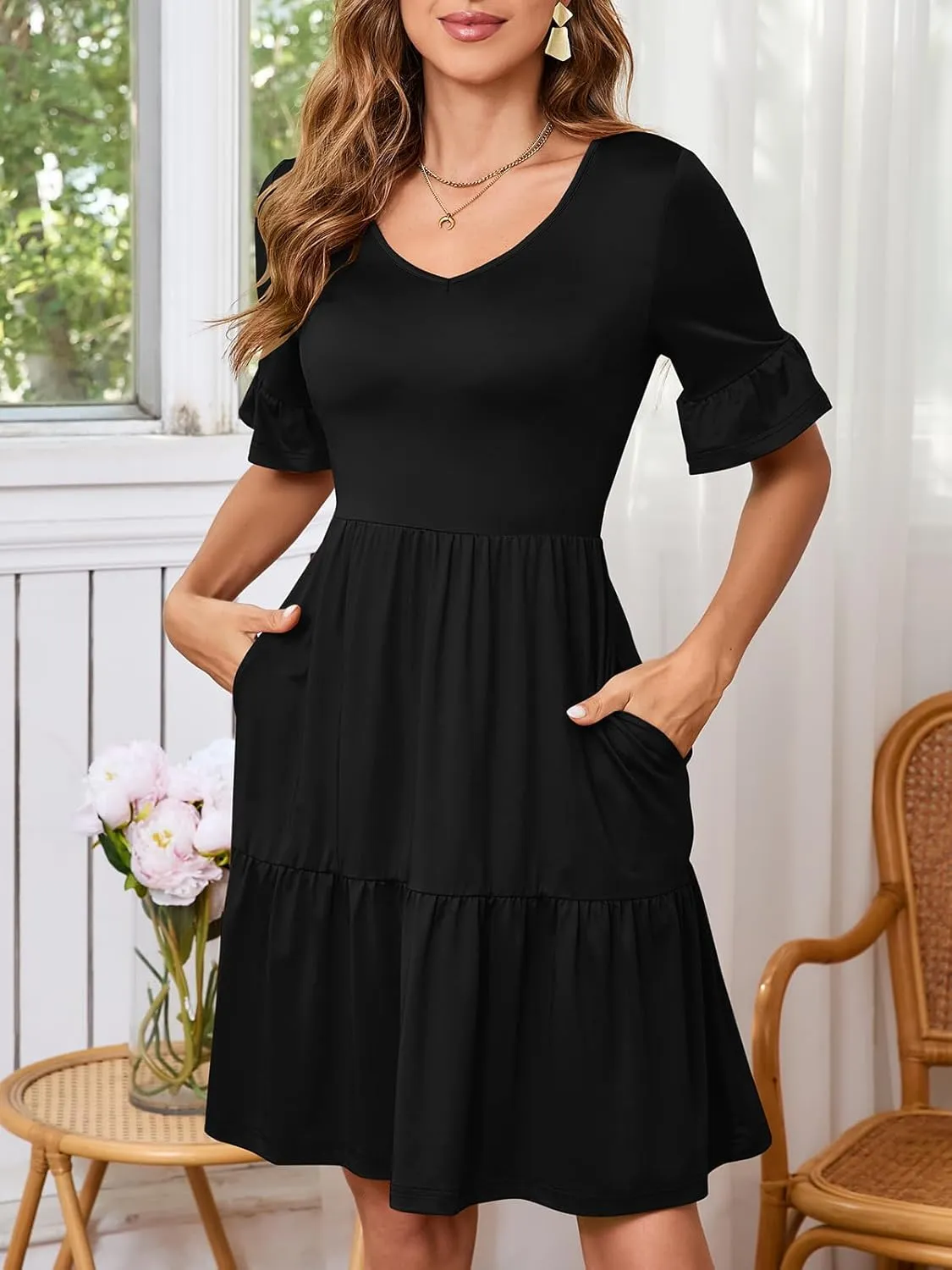 Womens Summer Casual Short Sleeve Mini Dress V Neck Swing Flowy Beach Vacation Midi Dresses with Pockets