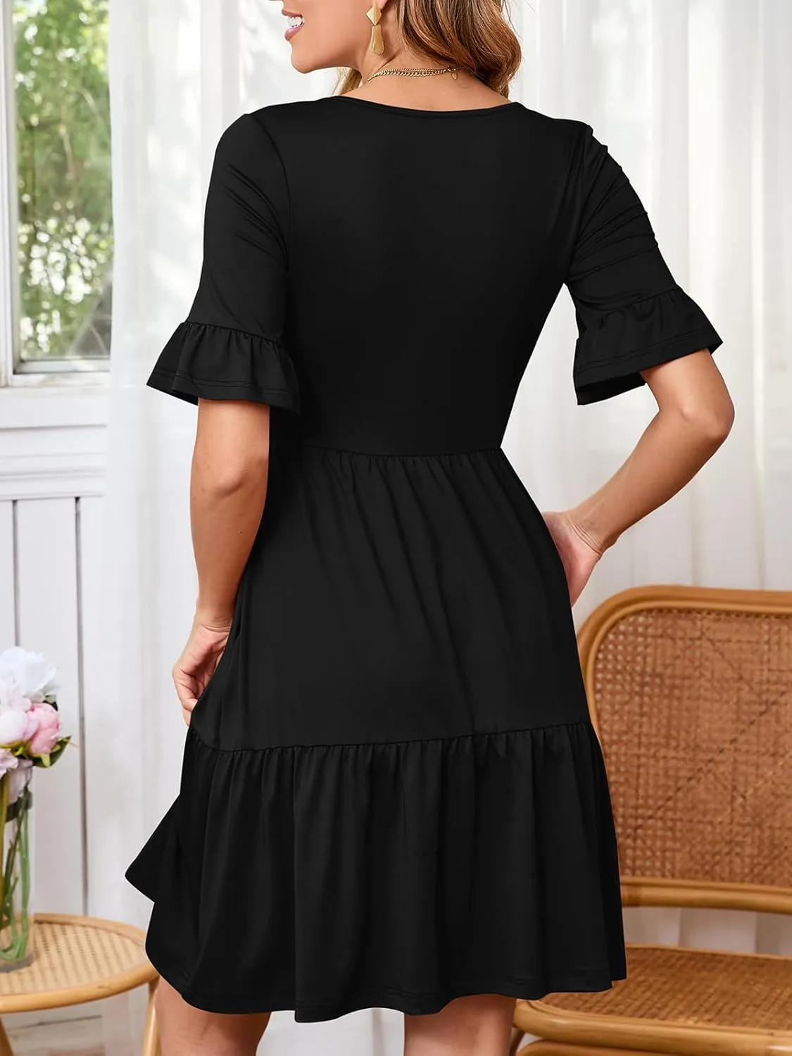 Womens Summer Casual Short Sleeve Mini Dress V Neck Swing Flowy Beach Vacation Midi Dresses with Pockets