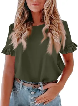 Womens Summer Tops 2024 Ruffle Short Sleeve Casual Fashion Crewneck T-Shirts Solid Color Tunic Blouses Shirts
