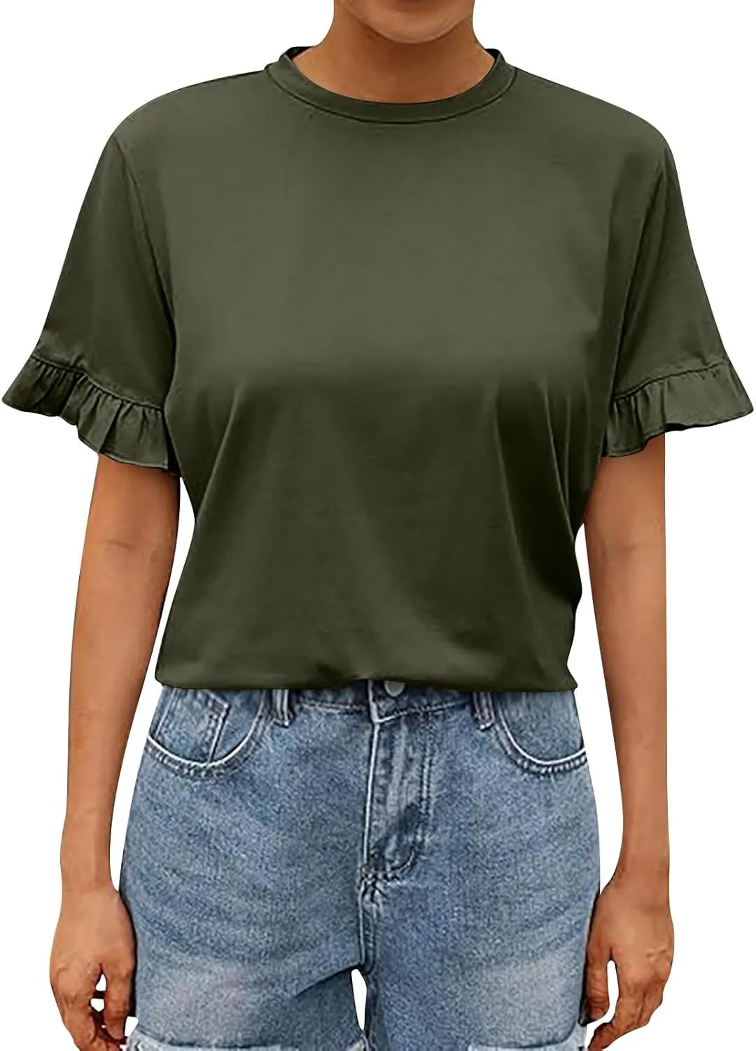 Womens Summer Tops 2024 Ruffle Short Sleeve Casual Fashion Crewneck T-Shirts Solid Color Tunic Blouses Shirts
