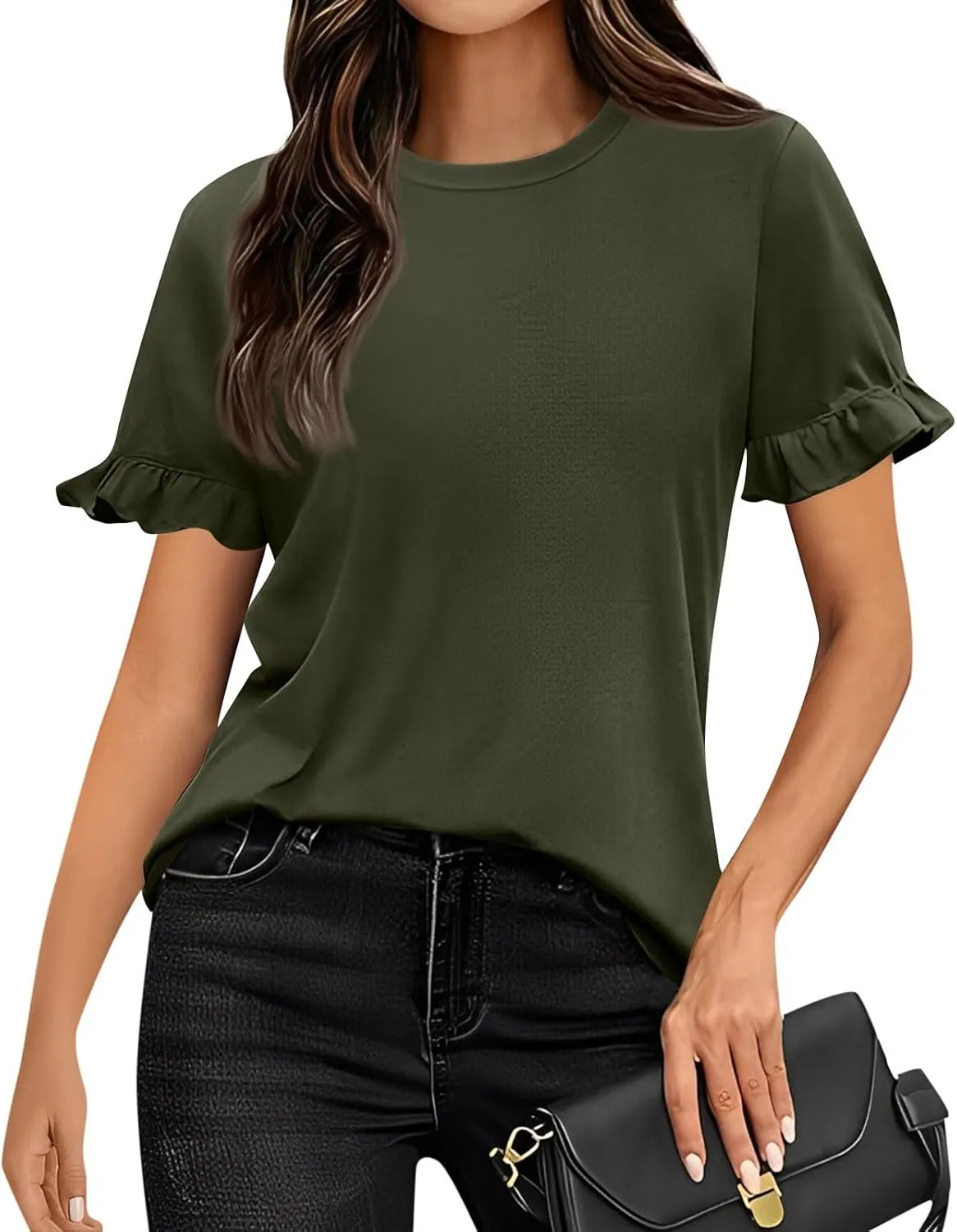 Womens Summer Tops 2024 Ruffle Short Sleeve Casual Fashion Crewneck T-Shirts Solid Color Tunic Blouses Shirts