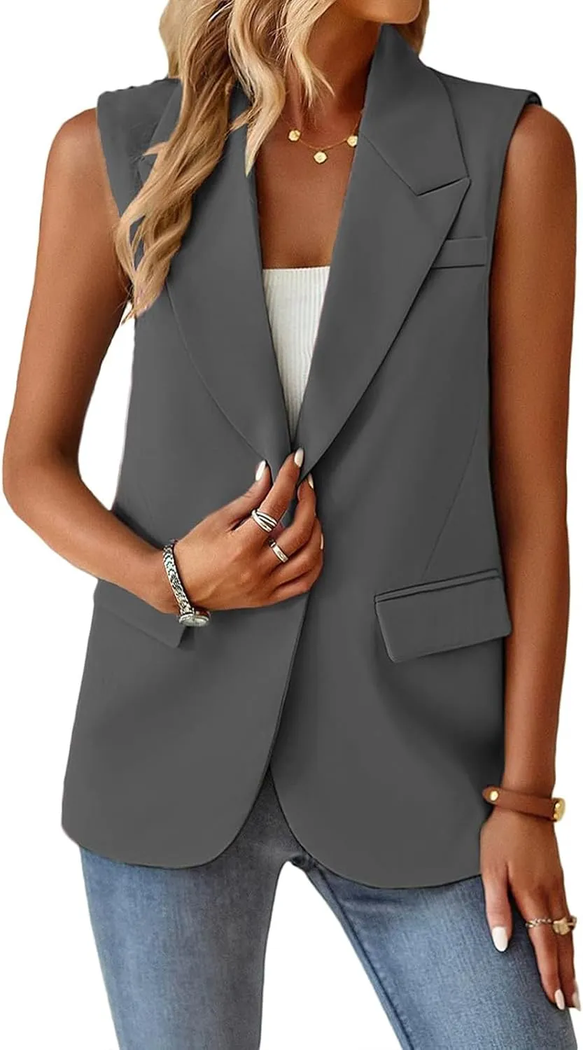 Womens Summer Tops Summer Sleeveless Blazers Open Front Casual Blazer Vests Casual Work Office Blazers with Pockets
