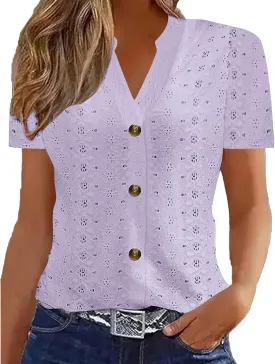 Womens V Neck Knit Tops Short Sleeve Button Blouses Hollow Out Eyelet Shirts Summer Casual Loose Tunic Tees