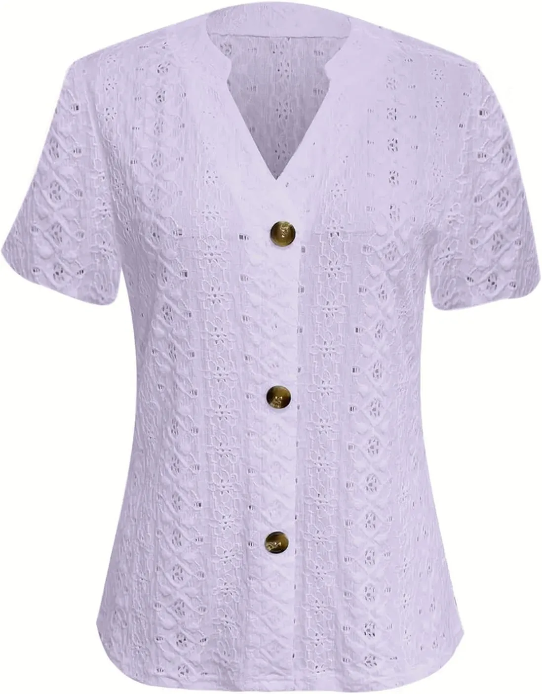 Womens V Neck Knit Tops Short Sleeve Button Blouses Hollow Out Eyelet Shirts Summer Casual Loose Tunic Tees