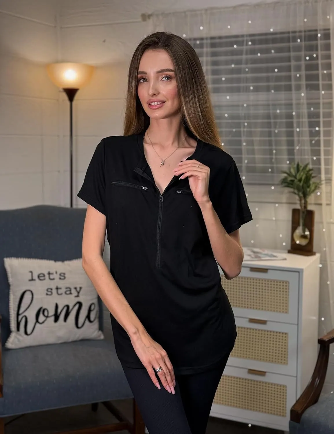 Youdiao Chemo Port Shirts for Women Short Sleeve Post-Surgery Recovery with 2 Side Snaps Dual Zipper Dialysis Cancer Clothing