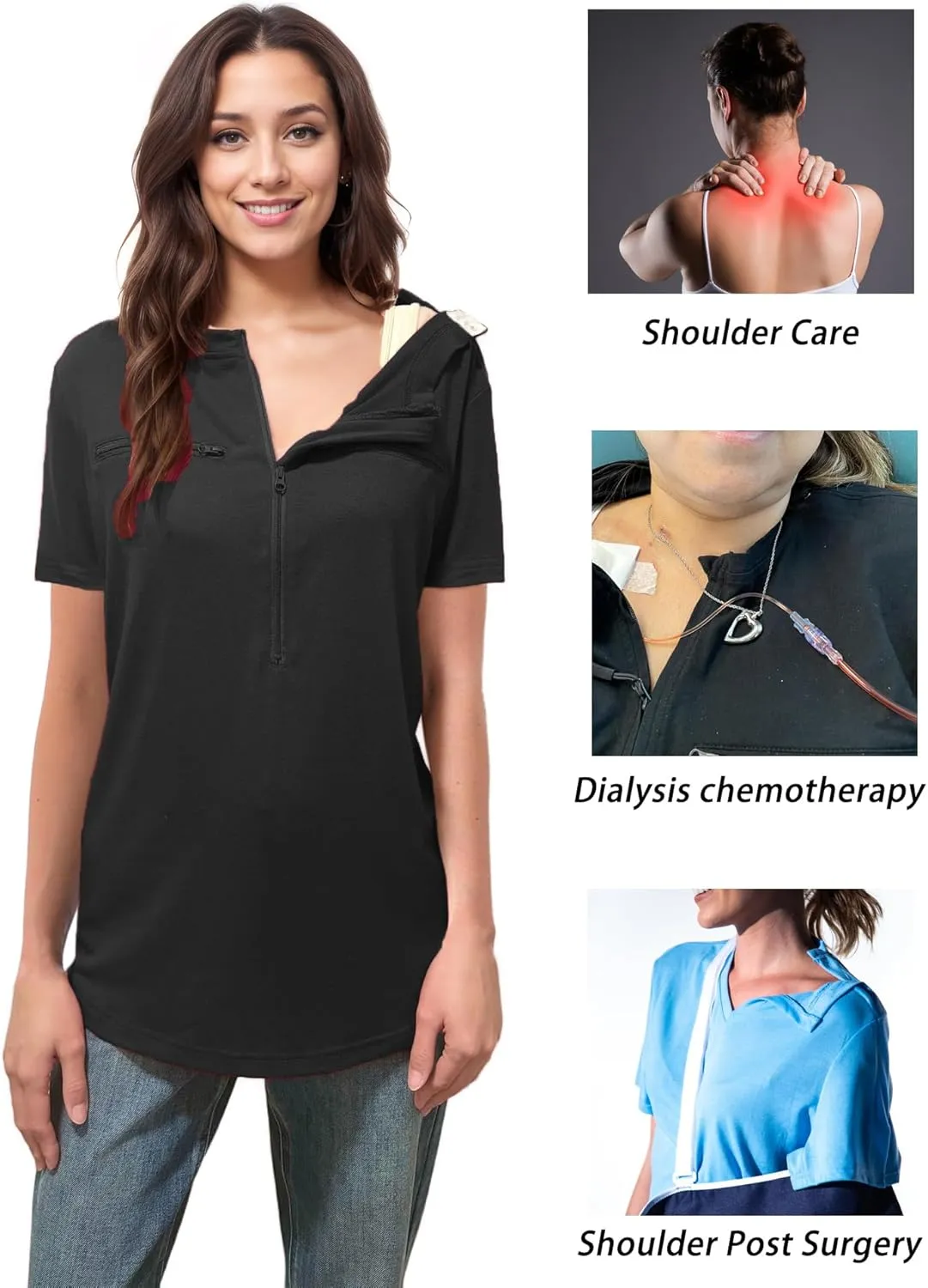 Youdiao Chemo Port Shirts for Women Short Sleeve Post-Surgery Recovery with 2 Side Snaps Dual Zipper Dialysis Cancer Clothing