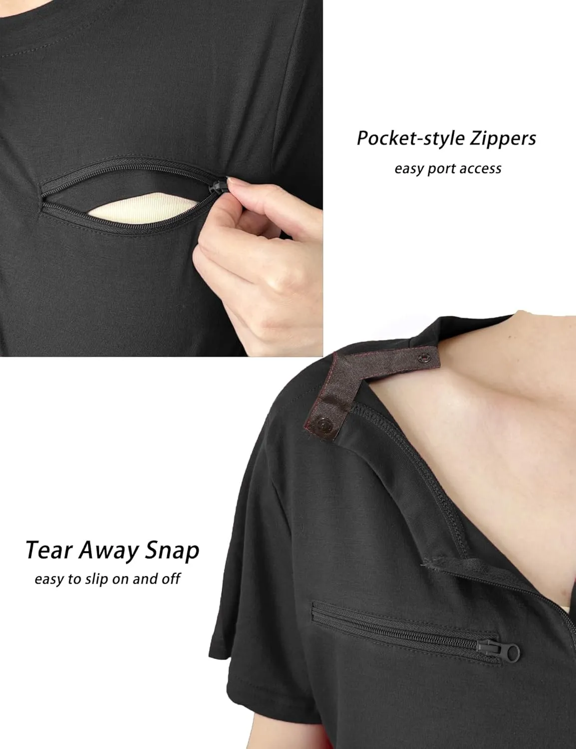 Youdiao Chemo Port Shirts for Women Short Sleeve Post-Surgery Recovery with 2 Side Snaps Dual Zipper Dialysis Cancer Clothing