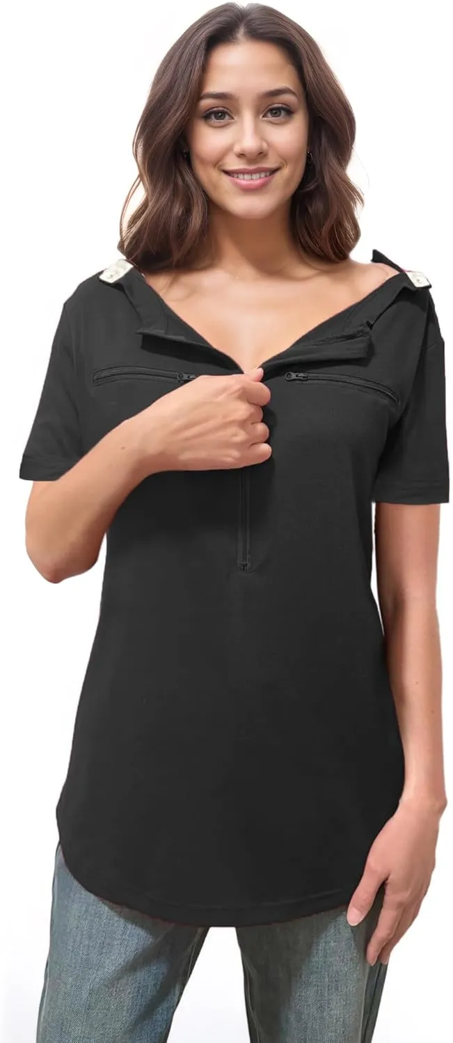 Youdiao Chemo Port Shirts for Women Short Sleeve Post-Surgery Recovery with 2 Side Snaps Dual Zipper Dialysis Cancer Clothing