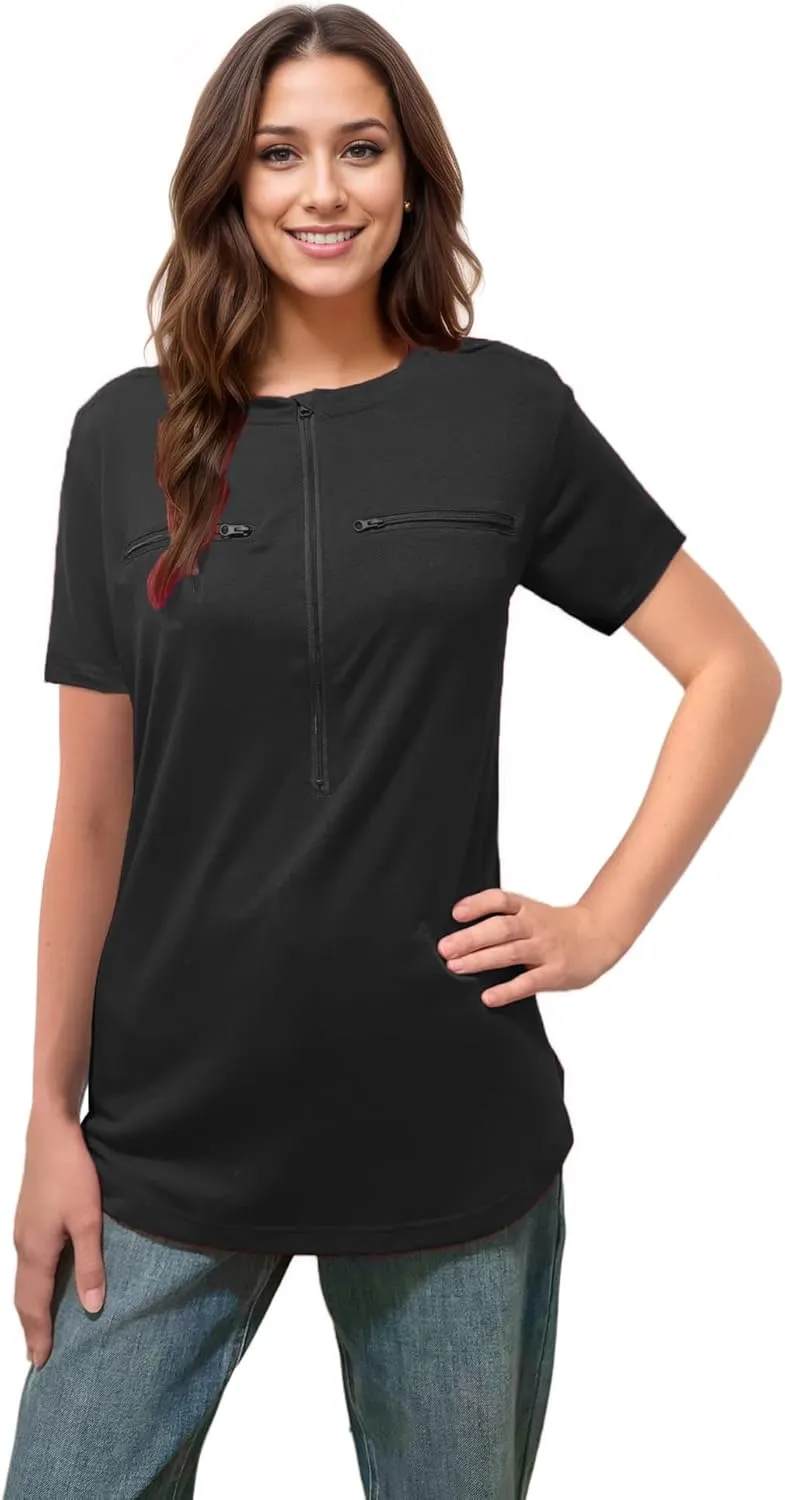Youdiao Chemo Port Shirts for Women Short Sleeve Post-Surgery Recovery with 2 Side Snaps Dual Zipper Dialysis Cancer Clothing